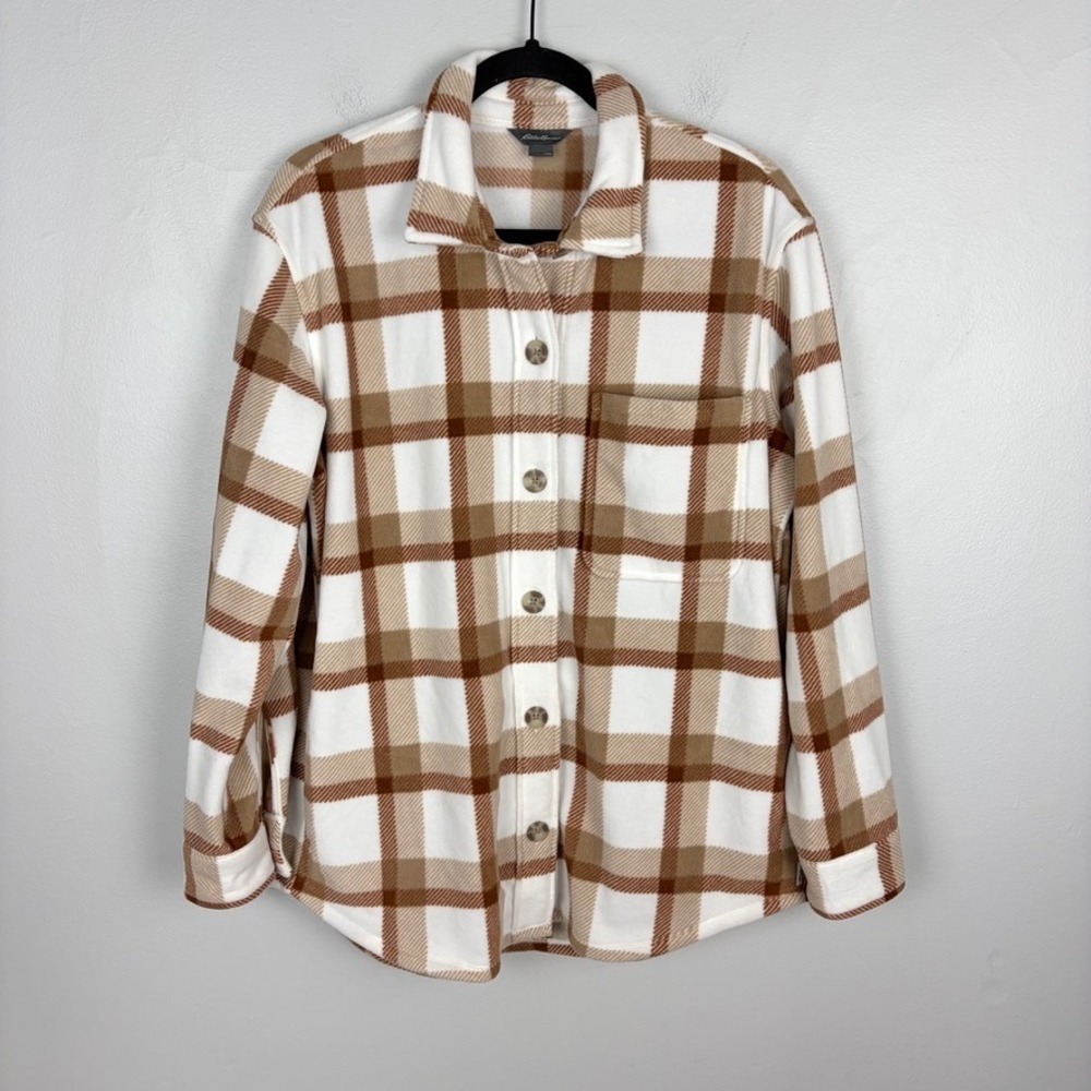 Eddie Bauer Microfleece Tan Plaid Button‎ Down Shacket Fleece Outdoor Medium - Picture 2 of 10